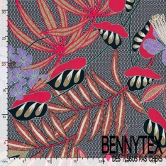 Popeline coton élasthanne motif floral tropical fond sable mouillé oeko tex