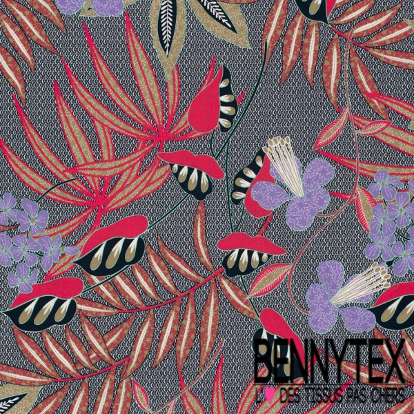 Popeline coton élasthanne motif floral tropical fond sable mouillé oeko tex