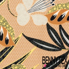 Popeline coton élasthanne motif wax floral fond fantaisie bleu nuit blanc discret oeko tex