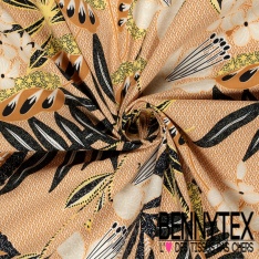 Popeline coton élasthanne motif wax floral fond fantaisie bleu nuit blanc discret oeko tex