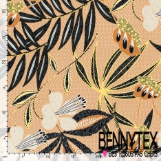 Popeline coton élasthanne motif wax floral fond fantaisie bleu nuit blanc discret oeko tex