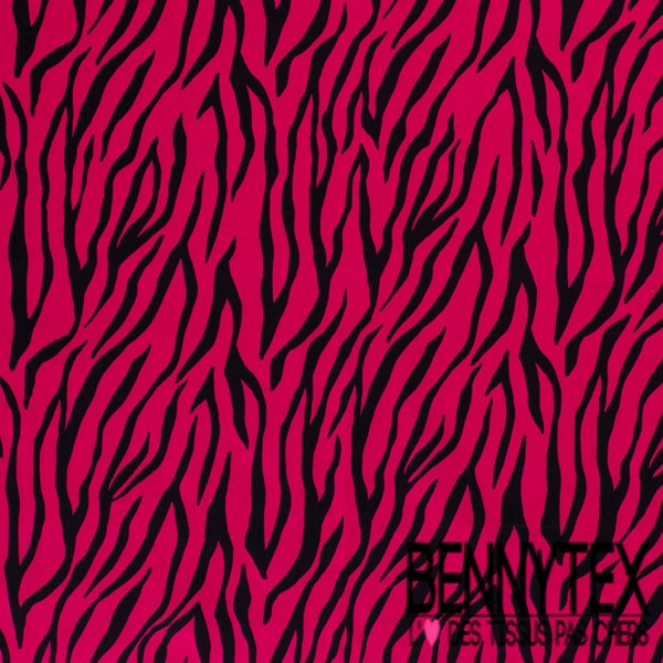 Coupon 3m Satin coton élasthanne imprimé zèbre noir fond rose grenadine oeko tex