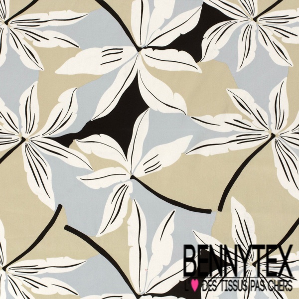Coupon 3m Satin coton élasthanne imprimé grande fleur tropicale fond sable mouillé oeko tex