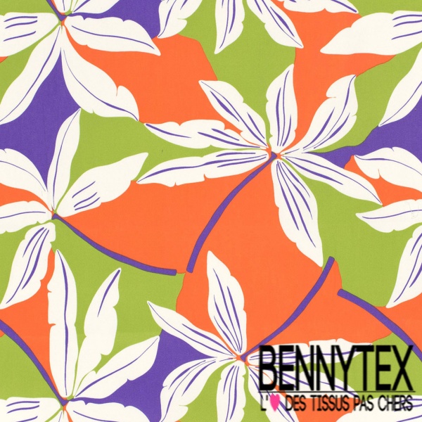 Coupon 3m Satin coton élasthanne imprimé grande fleur tropicale fond mandarine oeko tex