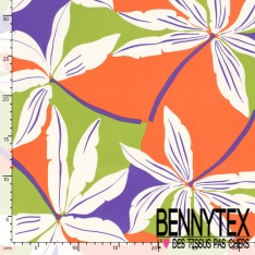 Satin coton élasthanne imprimé grande fleur tropicale fond sable mouillé oeko tex