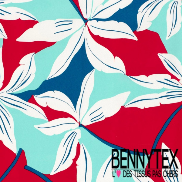 Coupon 3m Satin coton élasthanne imprimé grande fleur tropicale fond rouge oeko tex