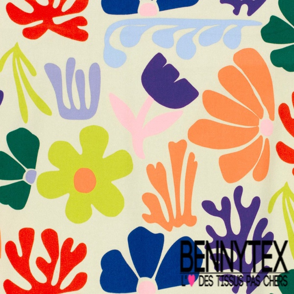 Coupon 3m Satin coton élasthanne imprimé floral naïf multicolore fond clairière oeko tex