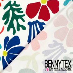 Satin coton élasthanne imprimé floral naïf multicolore fond clairière oeko tex