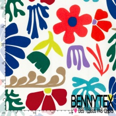 Satin coton élasthanne imprimé floral naïf multicolore fond clairière oeko tex