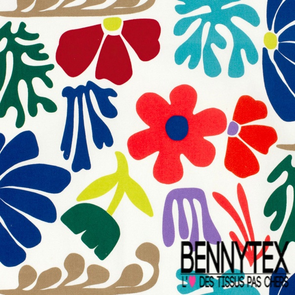 Coupon 3m Satin coton élasthanne imprimé floral naïf multicolore fond blanc discret oeko tex