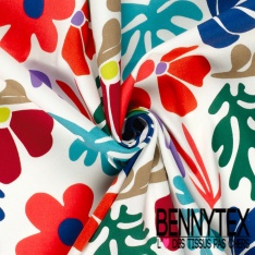 Satin coton élasthanne imprimé floral naïf multicolore fond clairière oeko tex