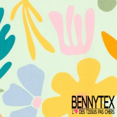 Satin coton élasthanne imprimé floral naïf multicolore fond blanc discret oeko tex