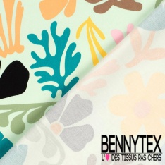 Satin coton élasthanne imprimé floral naïf multicolore fond blanc discret oeko tex