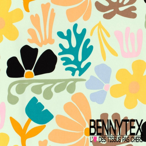 Coupon 3m Satin coton élasthanne imprimé floral naïf multicolore fond vert pastel oeko tex