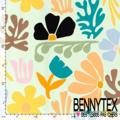 Satin coton élasthanne imprimé floral naïf multicolore fond blanc discret oeko tex