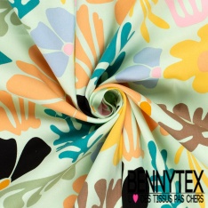 Satin coton élasthanne imprimé floral naïf multicolore fond blanc discret oeko tex
