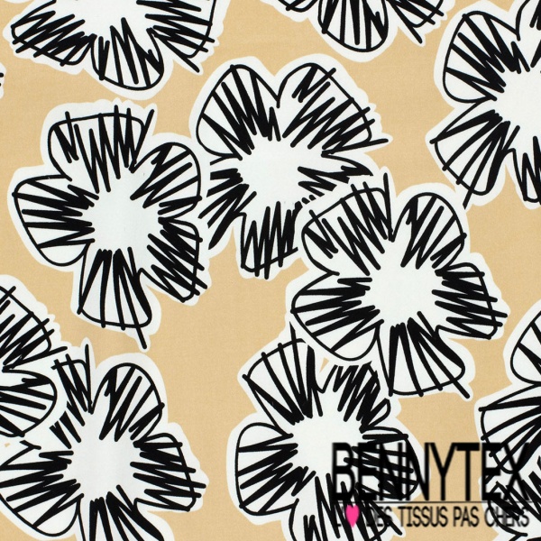 Coupon 3m Satin coton élasthanne imprimé grande fleur graphique fond beige oeko tex