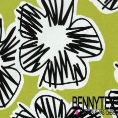 Satin coton élasthanne imprimé grande fleur graphique fond beige oeko tex