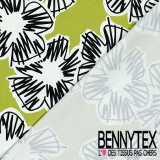 Satin coton élasthanne imprimé grande fleur graphique fond beige oeko tex