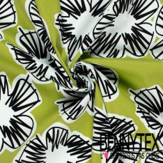 Satin coton élasthanne imprimé grande fleur graphique fond beige oeko tex