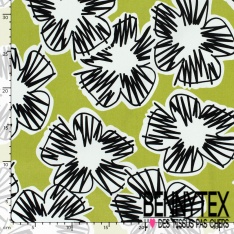 Satin coton élasthanne imprimé grande fleur graphique fond beige oeko tex