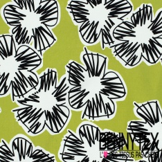 Satin coton élasthanne imprimé grande fleur graphique fond beige oeko tex