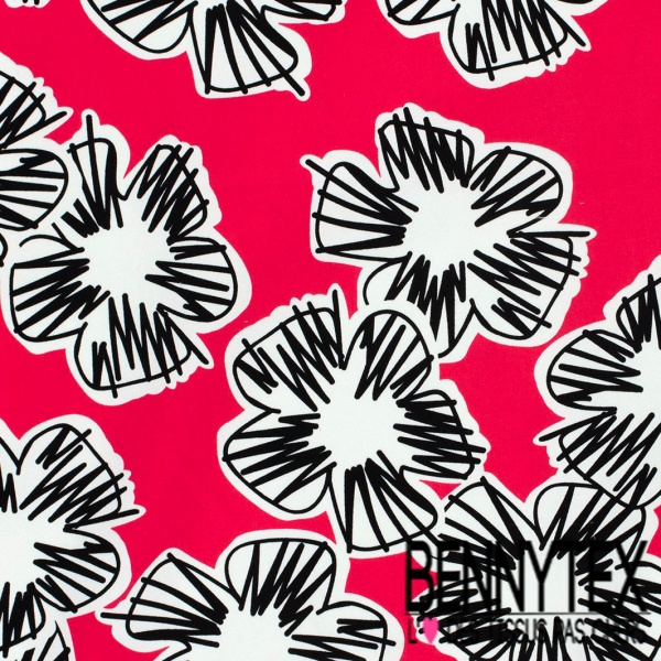 Coupon 3m Satin coton élasthanne imprimé grande fleur graphique fond grenadine oeko tex