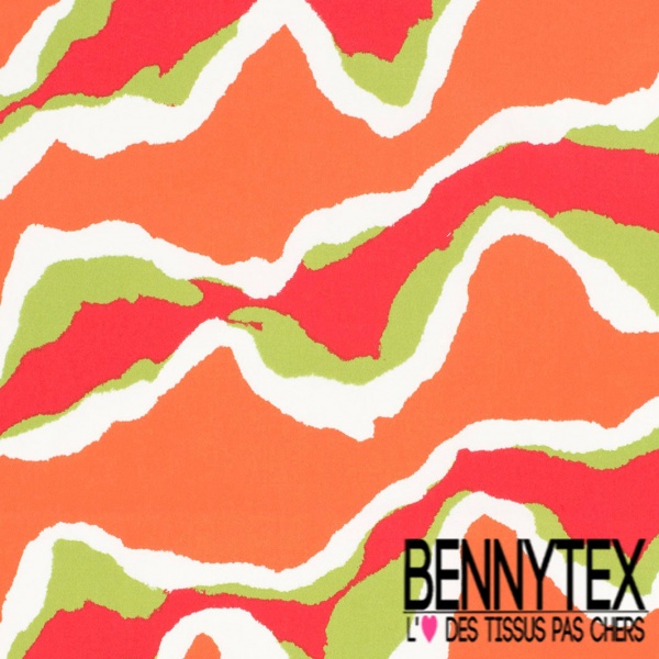 Coupon 3m Satin coton élasthanne imprimé abstrait graphique anis blanc corail rouge oeko tex