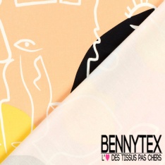 Satin coton élasthanne imprimé visage au trait abstrait graphique fond abricot givré oeko tex