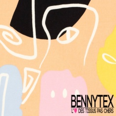 Satin coton élasthanne imprimé visage au trait abstrait graphique fond abricot givré oeko tex