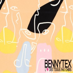 Satin coton élasthanne imprimé visage au trait abstrait graphique fond abricot givré oeko tex