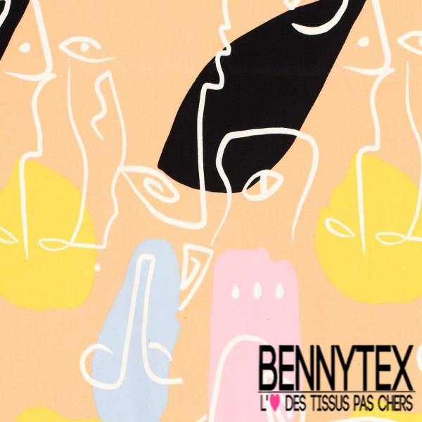 Coupon 3m Satin coton élasthanne imprimé visage au trait abstrait graphique fond abricot givré oeko tex