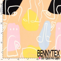 Satin coton élasthanne imprimé visage au trait abstrait graphique fond abricot givré oeko tex
