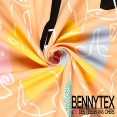 Satin coton élasthanne imprimé visage au trait abstrait graphique fond abricot givré oeko tex
