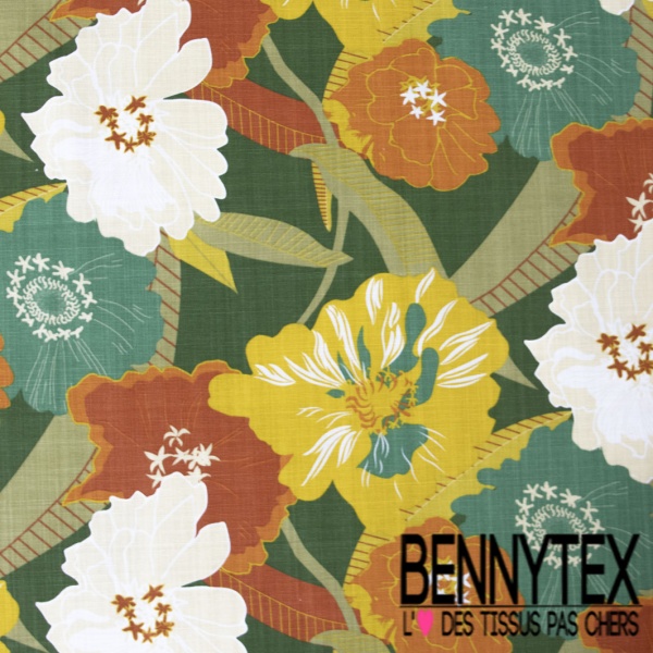 Toile de coton effet lin imprimé floral seventie's fond vert loden oeko tex