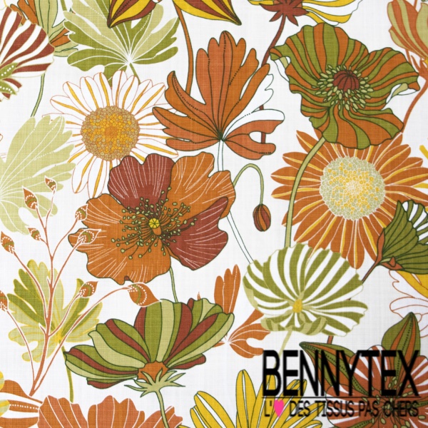 Toile de coton effet lin imprimé floral seventie's ton orange fond blanc discret oeko tex