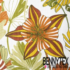 Toile de coton effet lin imprimé floral seventie's fond blanc optique oeko tex