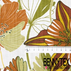 Toile de coton effet lin imprimé floral seventie's fond blanc optique oeko tex