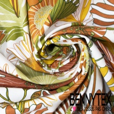 Toile de coton effet lin imprimé floral seventie's fond blanc optique oeko tex