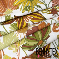 Toile de coton effet lin imprimé floral seventie's fond blanc optique oeko tex