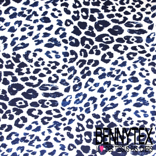 Coupon 3m Popeline coton élasthanne motif léopard marine fond blanc optique