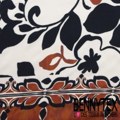 Fibranne viscose imprimé floral noir naïf fond blanc cassé