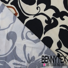 Fibranne viscose imprimé floral noir naïf fond blanc cassé