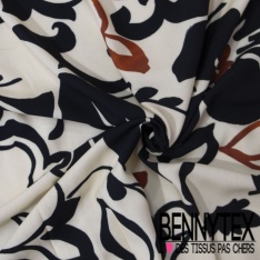 Fibranne viscose imprimé floral noir naïf fond blanc cassé