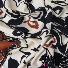 Fibranne viscose imprimé floral noir naïf fond blanc cassé