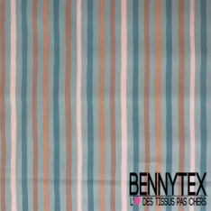 Coupon 3m Popeline coton 120 fils imprimé rayure verticale sable blanc discret prune turquoise