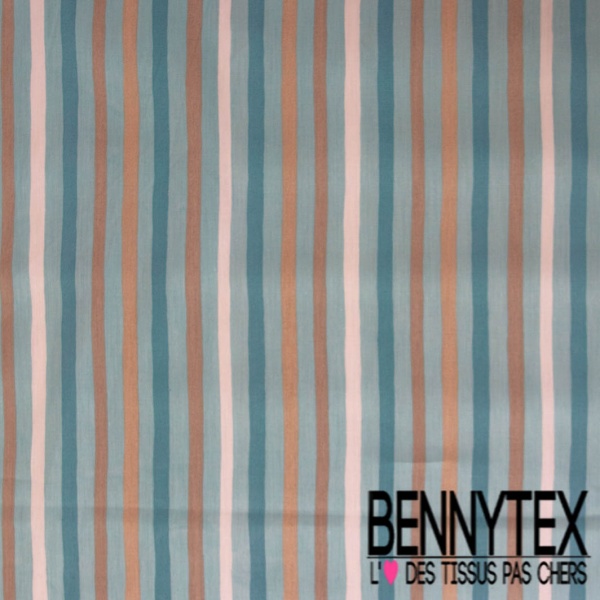 Coupon 3m Popeline coton 120 fils imprimé rayure verticale sable blanc discret bleu d'huile turquoise
