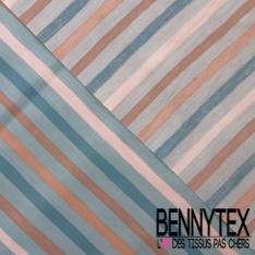 Coupon 3m Popeline coton 120 fils imprimé rayure verticale sable blanc discret prune turquoise