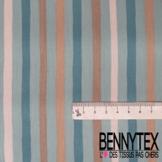 Coupon 3m Popeline coton 120 fils imprimé rayure verticale sable blanc discret prune turquoise