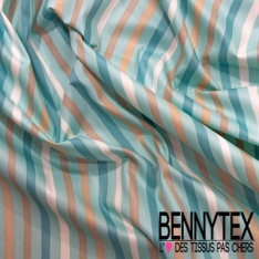 Coupon 3m Popeline coton 120 fils imprimé rayure verticale sable blanc discret prune turquoise